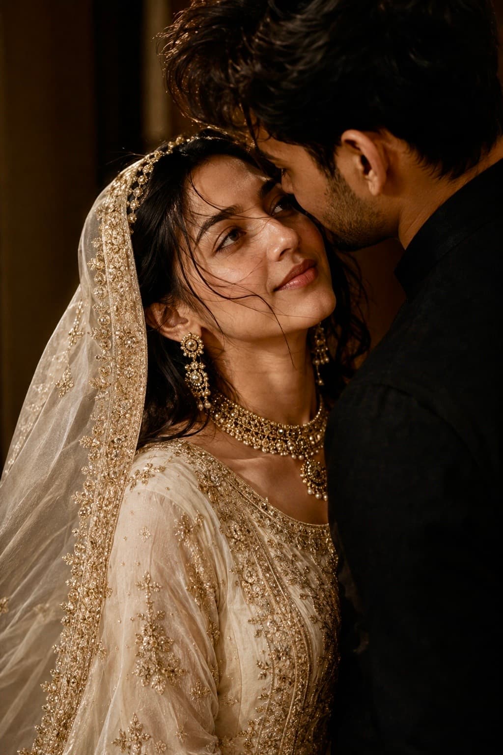 Royal couple wedding reception portrait with elegant traditional outfits, luxurious decorations, cinematic lighting and realistic photography